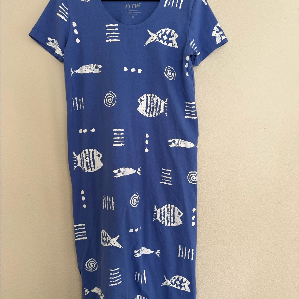 Vermont Country Store Maxi Dress Women’s M Cotton Knit w/ Pockets FISH DRESS